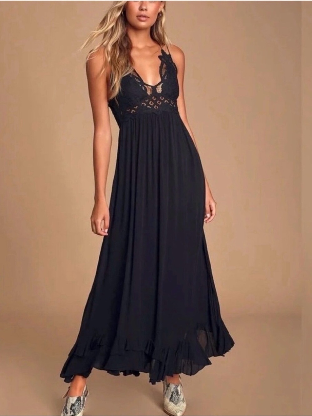 Free People Adella Midi Dress M Black Lace Ruffle Hem Boho Romantic Festival